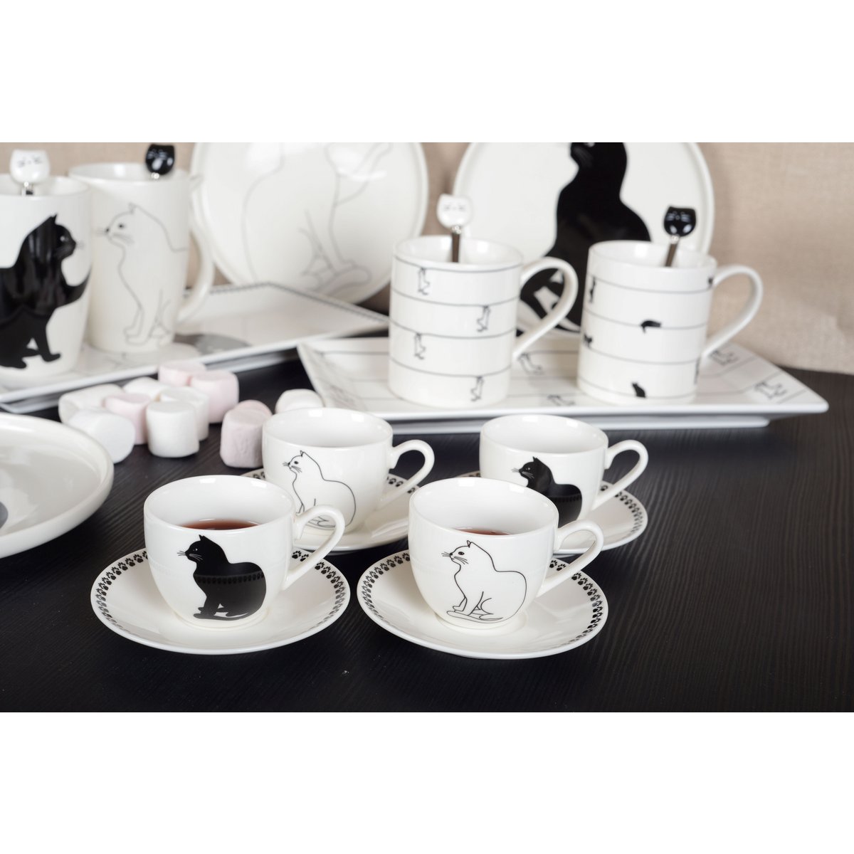 Koffiekopjes met zwart -witte katten- set van 4