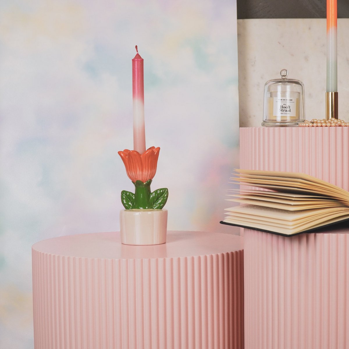 Candle holder - Tulip - stoneware sand/orange - 9x8.5x17.5 cm