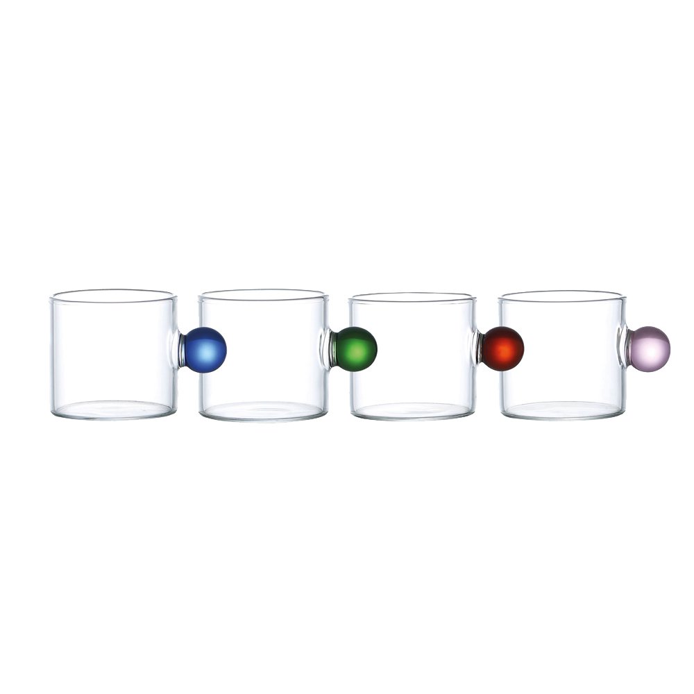 Set of 4 glass mugs with colored ball handles