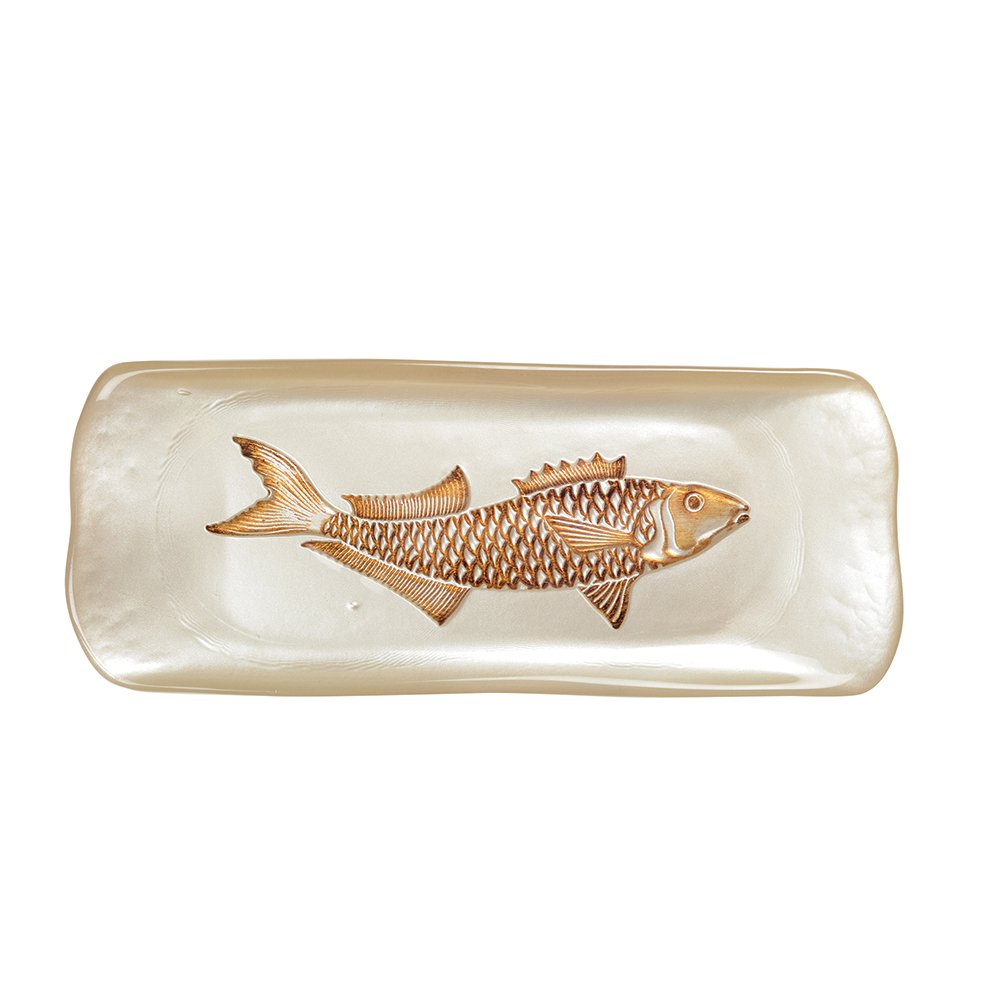 Vanille rechthoekig gerecht met gouden vis 31,7x12,7 cm