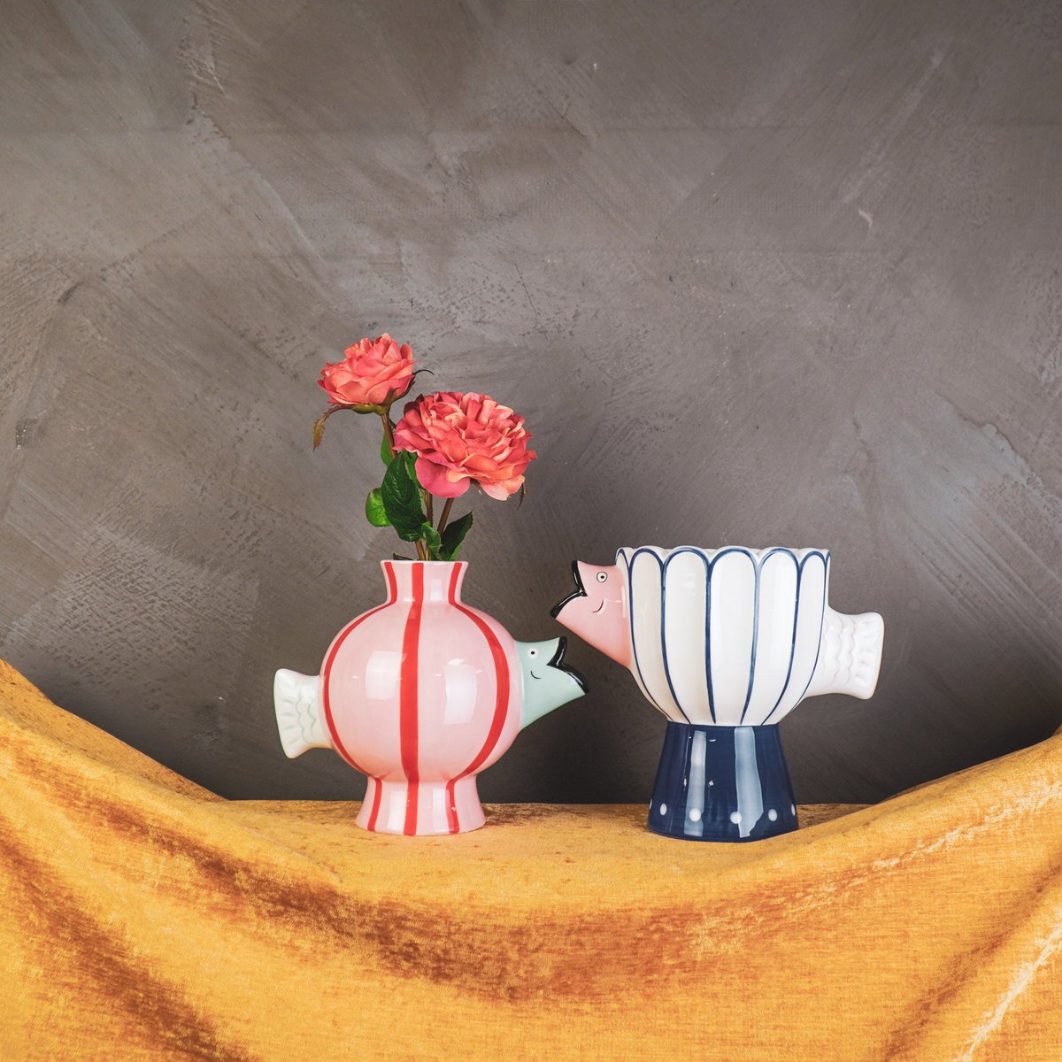 Vase - Fish -Dolomite -Pink/Mint/Red -21.5x13x17cm