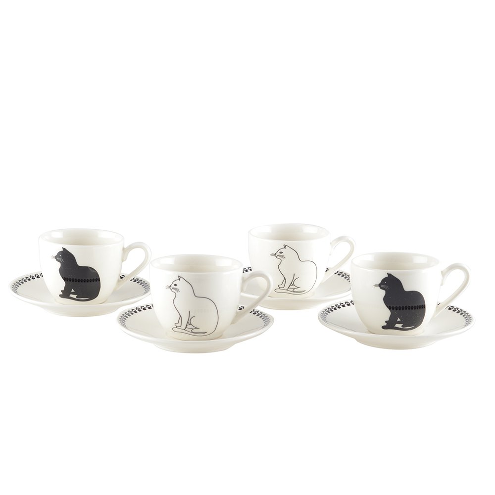 Koffiekopjes met zwart -witte katten- set van 4