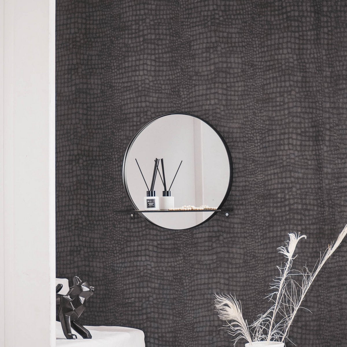 Mirror - Round - Metal - With Shelf - Black - Ø40cm