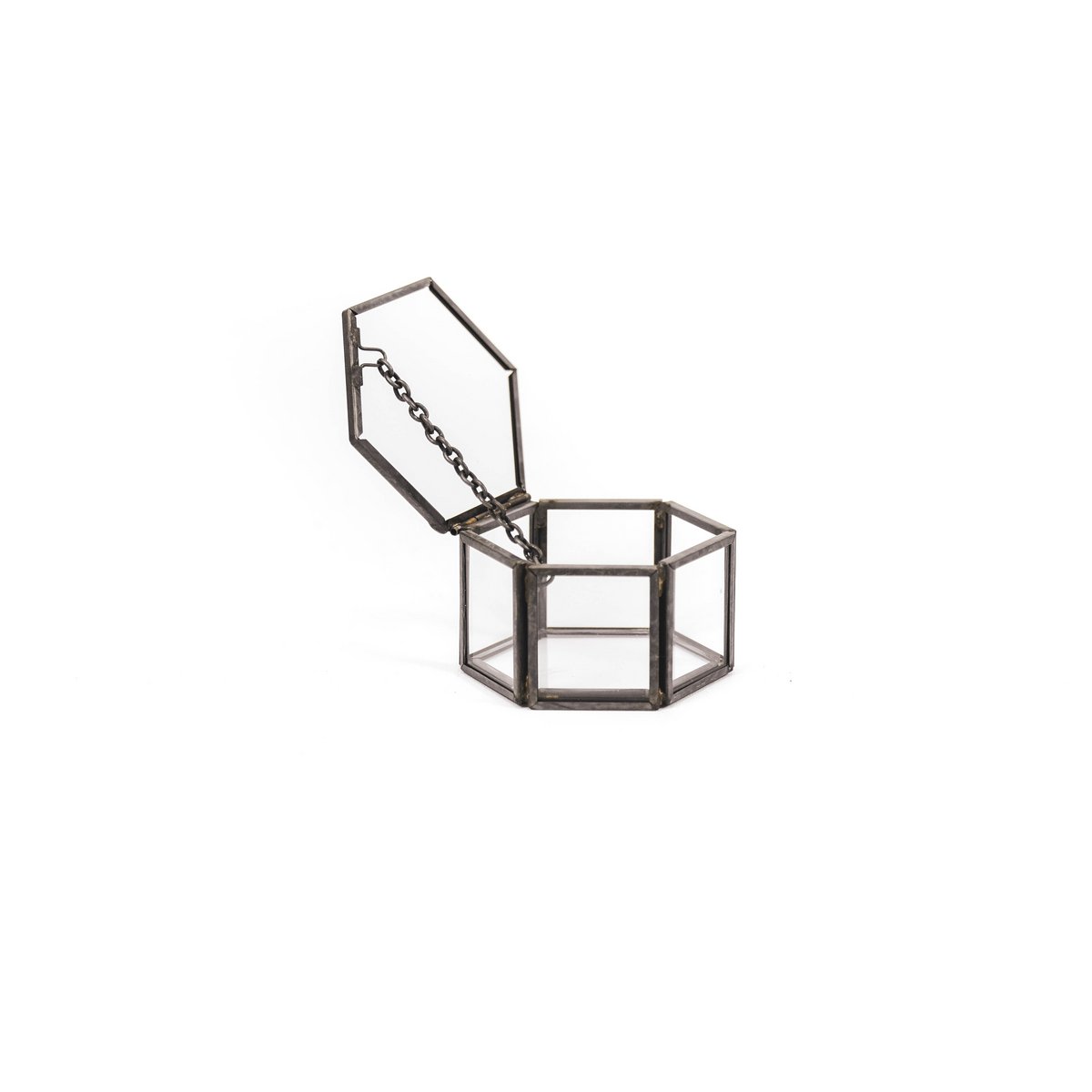 Opbergdoos - Zeshoek - Metaal/Glas - Zwart - 6x5,5x3,5cm