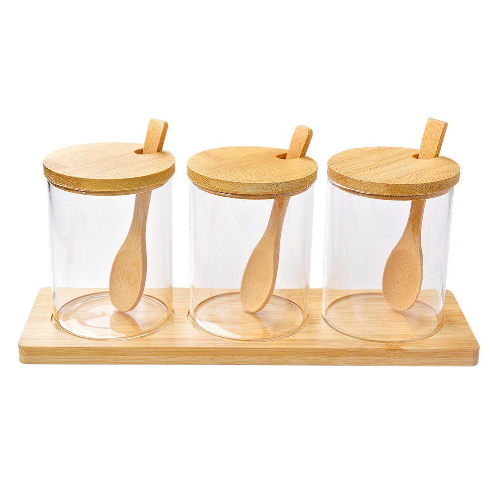 Voorraadpot Set van 3 Transparant, Glas en Hout (3) Ø 8x10 cm