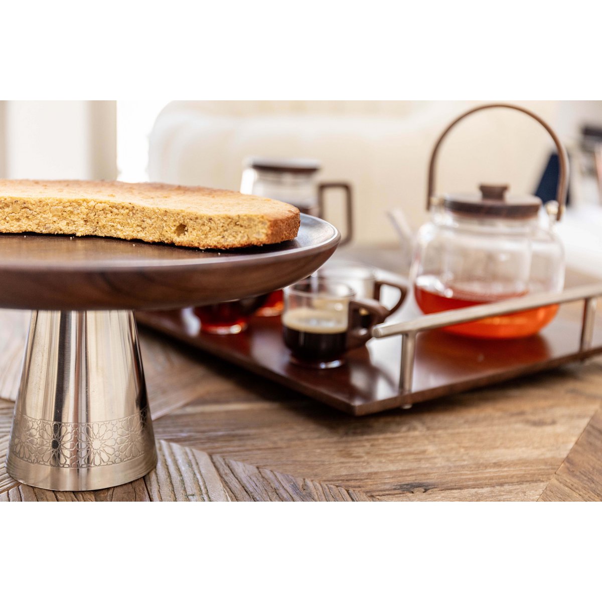 Cake stand - wood on silver metal