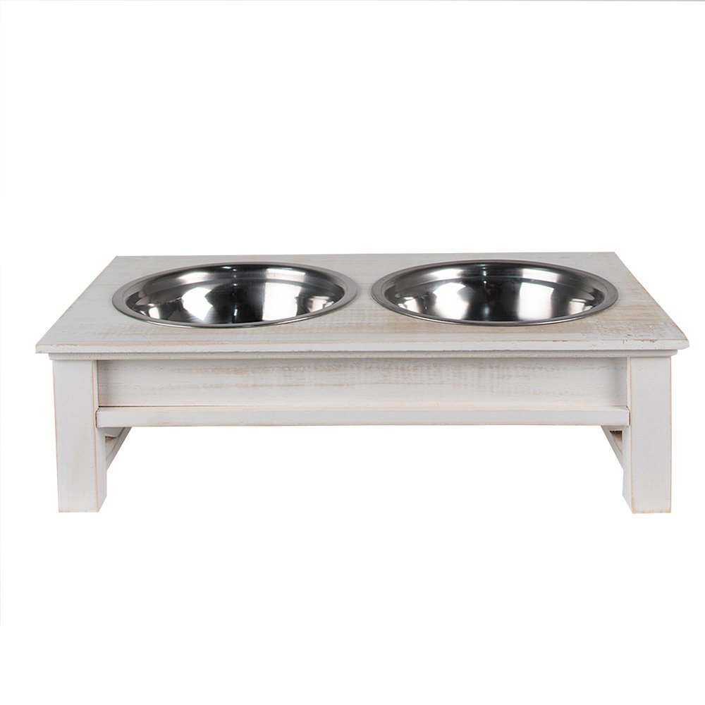 Voerbak Hond Wit, Hout en IJzer 40x22x12 cm / 2x500 ml