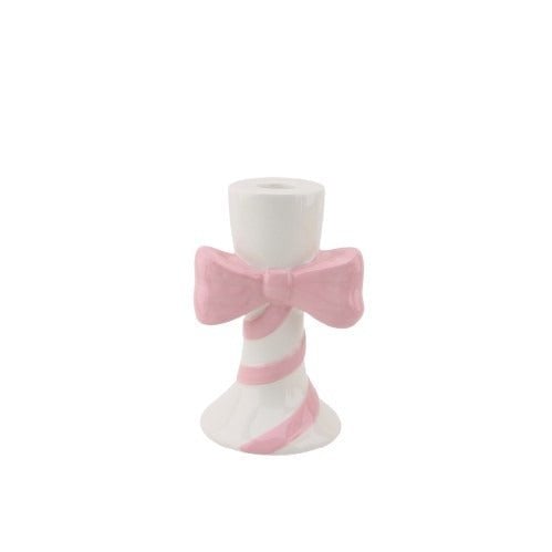 Kaarsenhouder - strepen met boog - dolomiet - wit/roze - 9x8x14cm