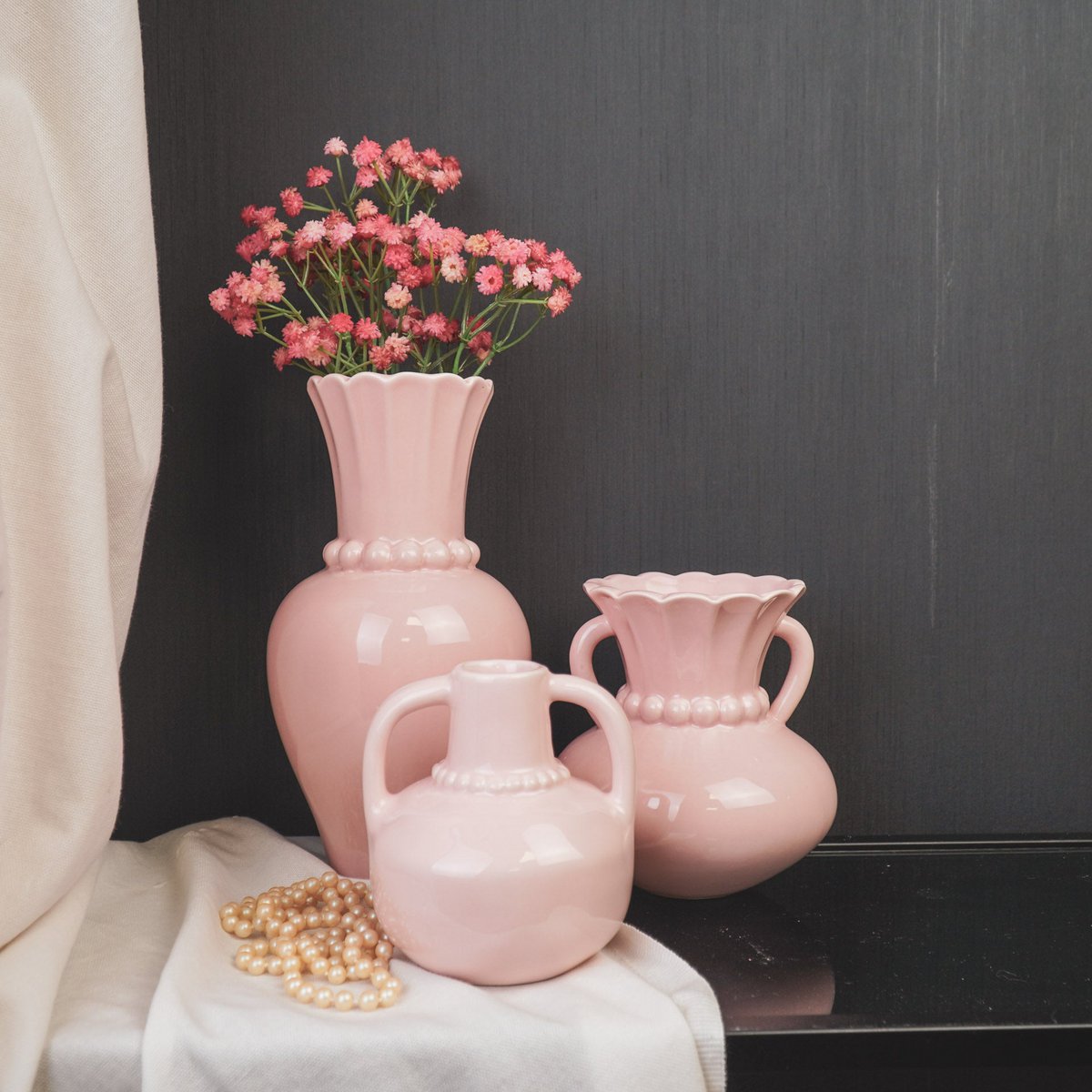Vase - pearl neck - stoneware light pink - 11x10x12cm