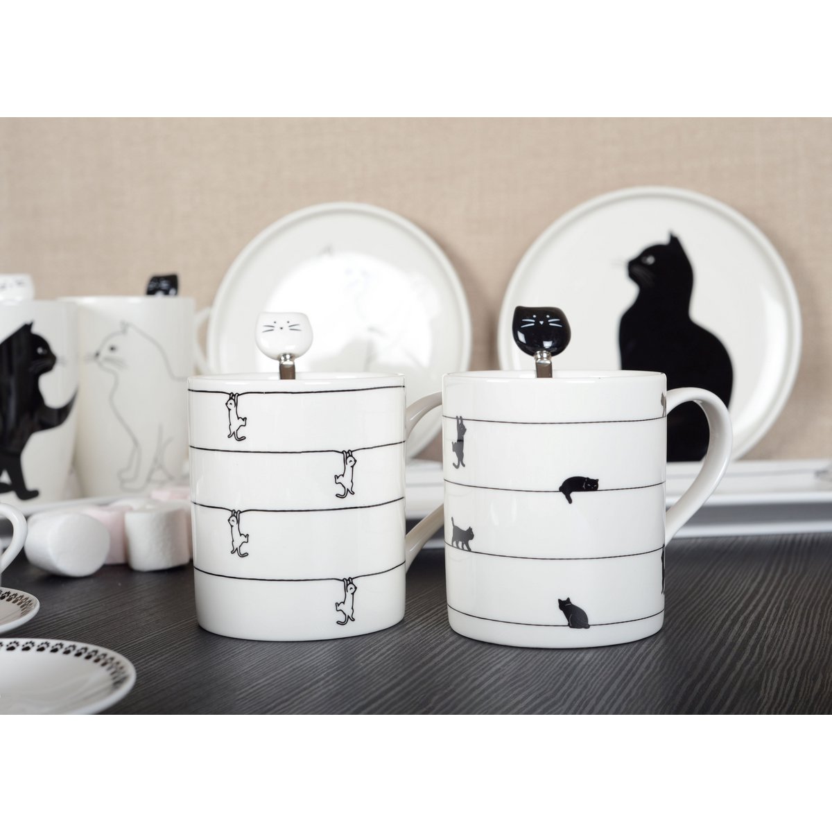 White tea cups with Cats - set of 2