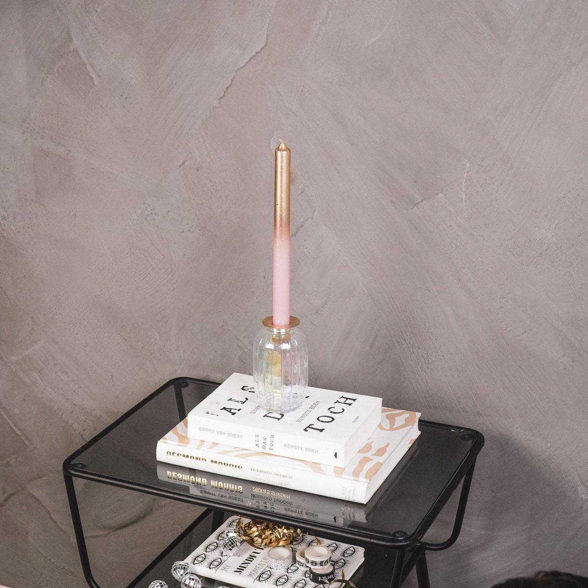Kandelaar- Fles - Verre/Métal- Regenboog/Goud- 6x6x11,5cm