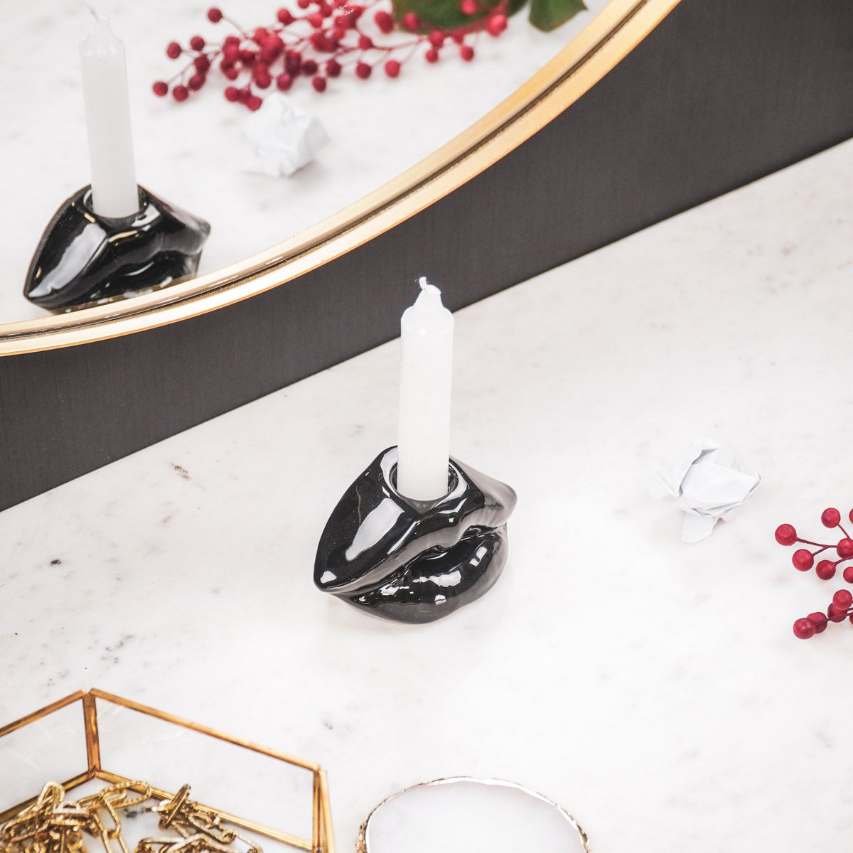 Candle holder - Lip - Ceramic - Black - 10.5x6.5x5.5cm
