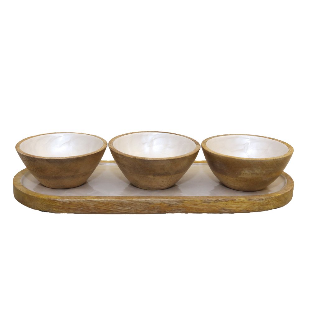 Aperitif Set of 3 White Cups on a White Mango Wood Tray