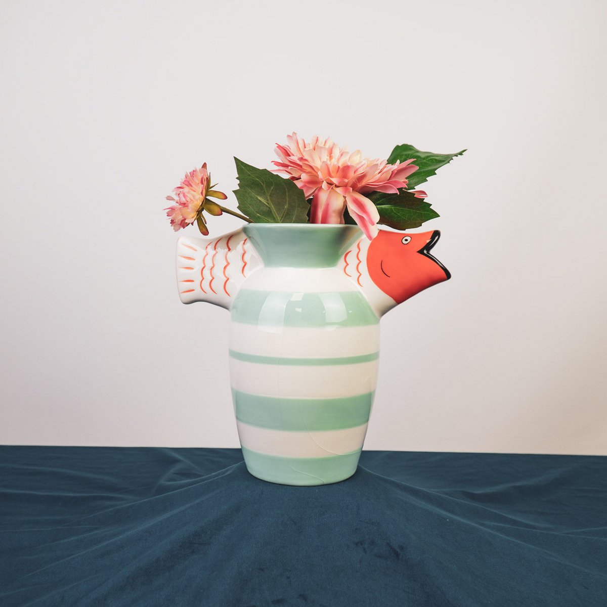 Vase - fish dolomite - mint/white/orange - 23x12.5x21cm