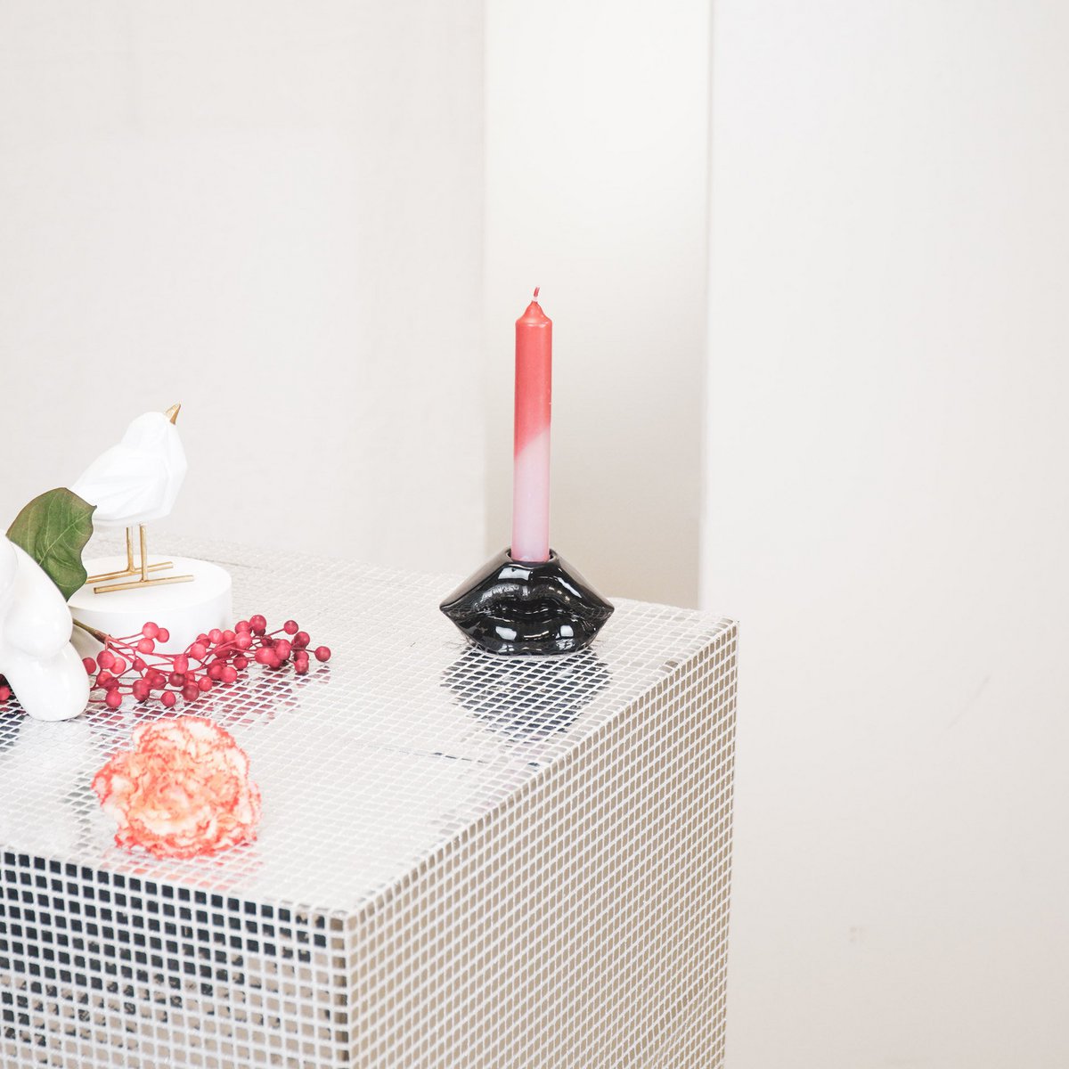 Candle holder - Lip - Ceramic - Black - 10.5x6.5x5.5cm