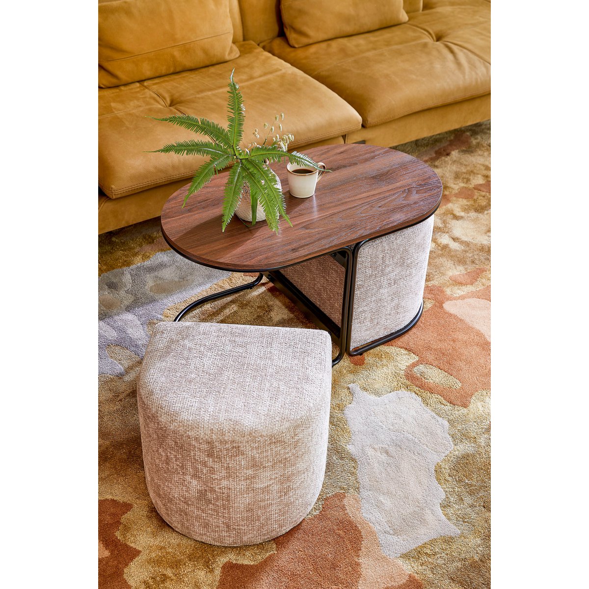 Coffee table with Poufs - 3-piece - L79 x W45 x H41 cm - Light gray
