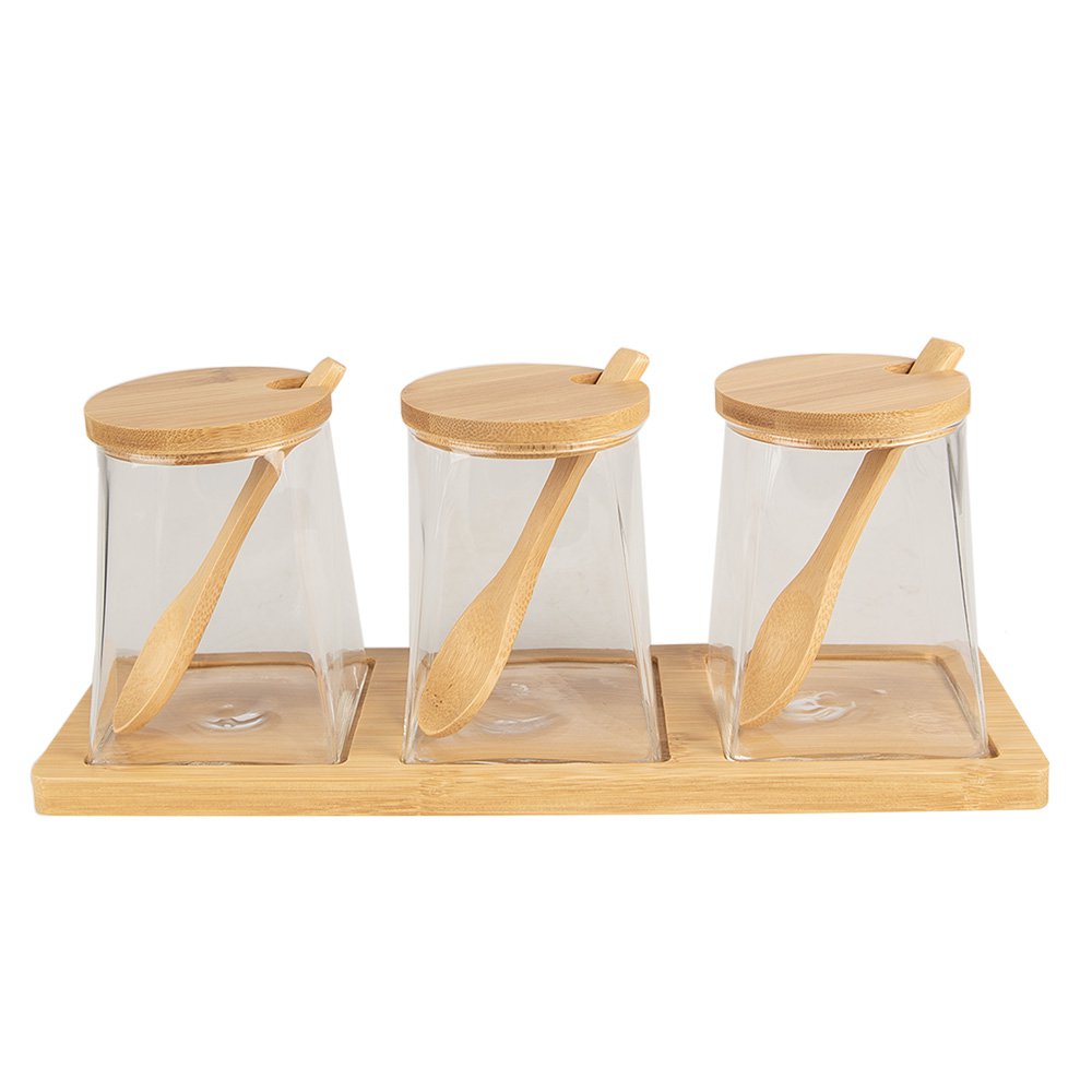 Voorraadpot Set van 3 Transparant, Glas en Hout (3) 7x7x10 cm(3)/29x9x12 cm