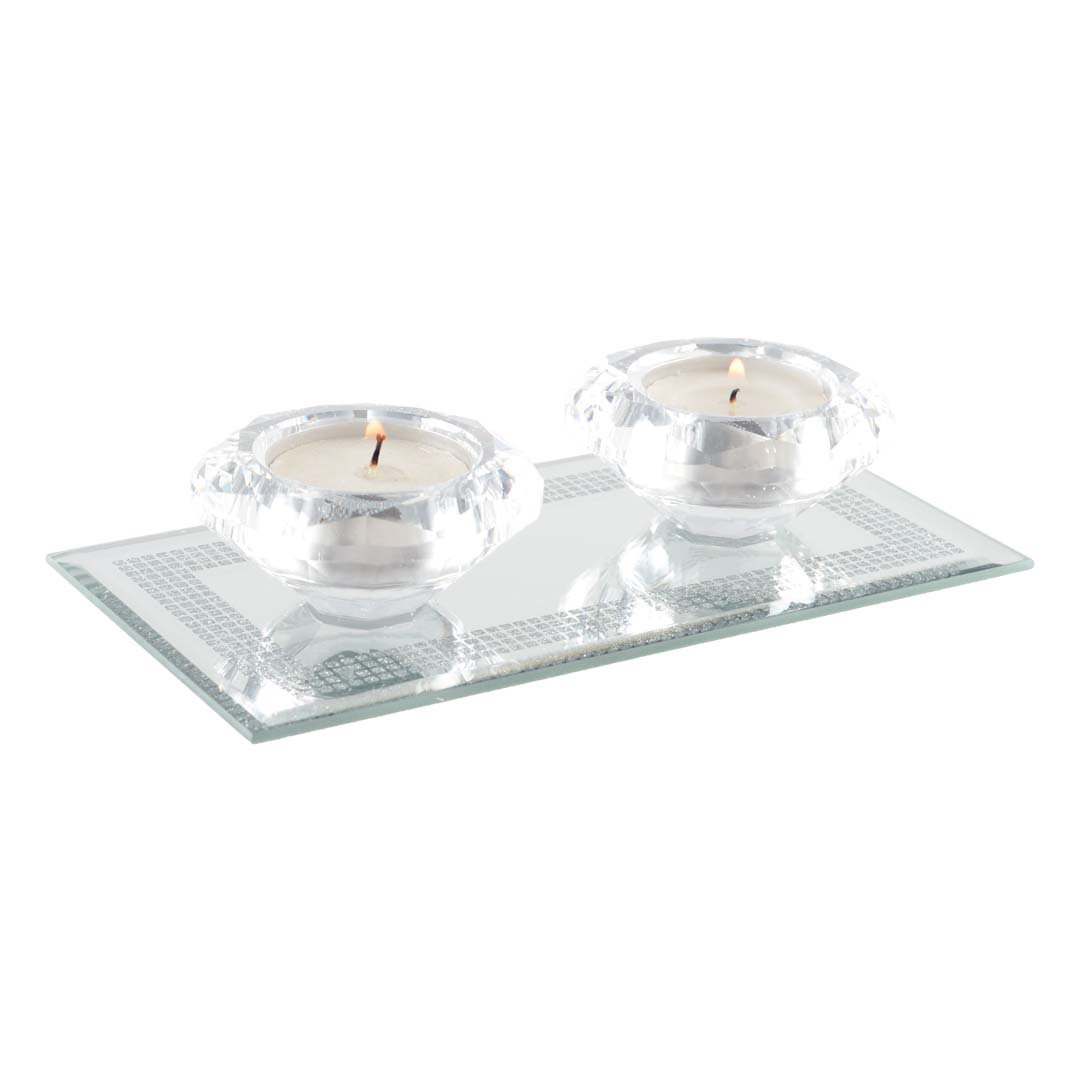 Crystal Candlesticks on a Silver and Mirror Rectangle 