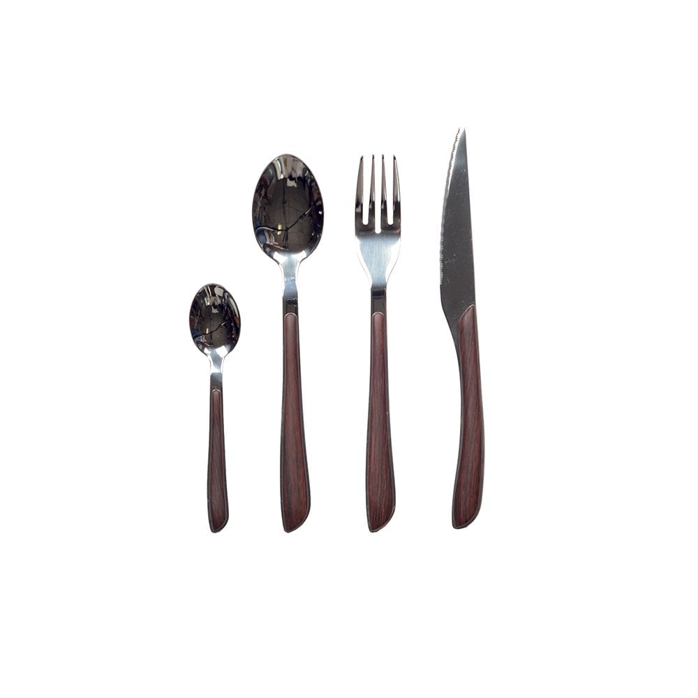 24-Piece Shiny Silver Cutlery Set with Wooden Handles