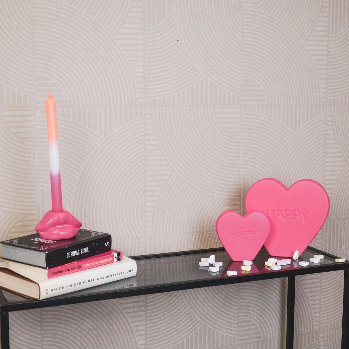 Ornament- Snoep Hart 'HAPPY'- Neon Roze- 13x4x11,5cm