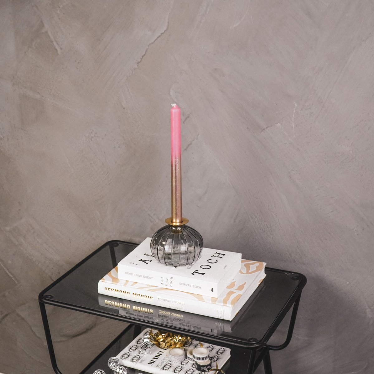 Kandelaar- Fles - Verre/Métal- Gris/Goud- 11x11x8,5cm