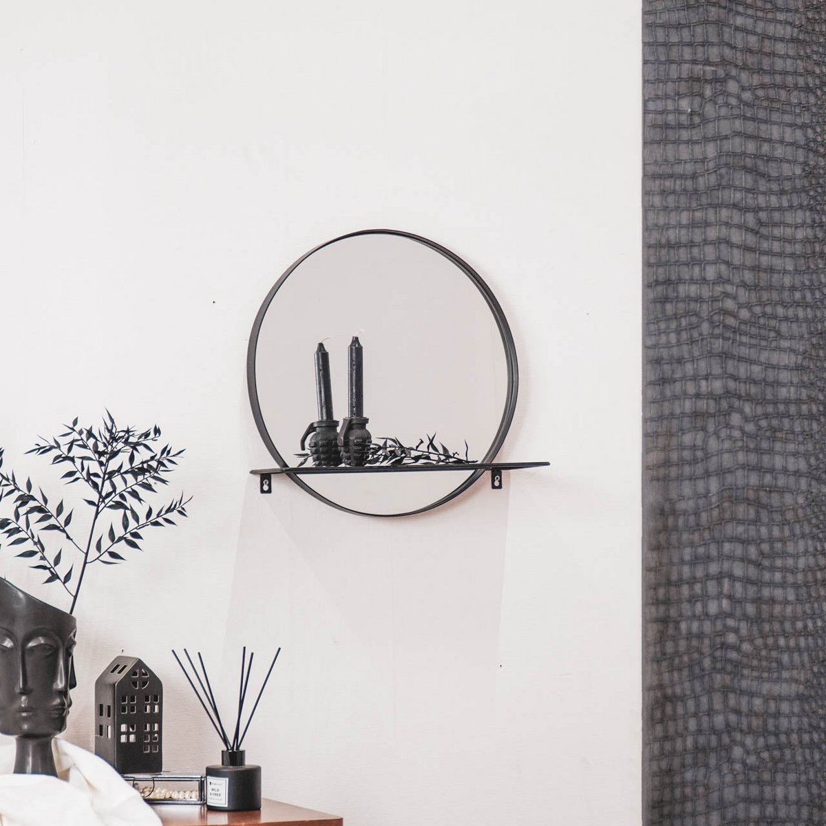 Mirror - Round - Metal - With Shelf - Black - Ø40cm