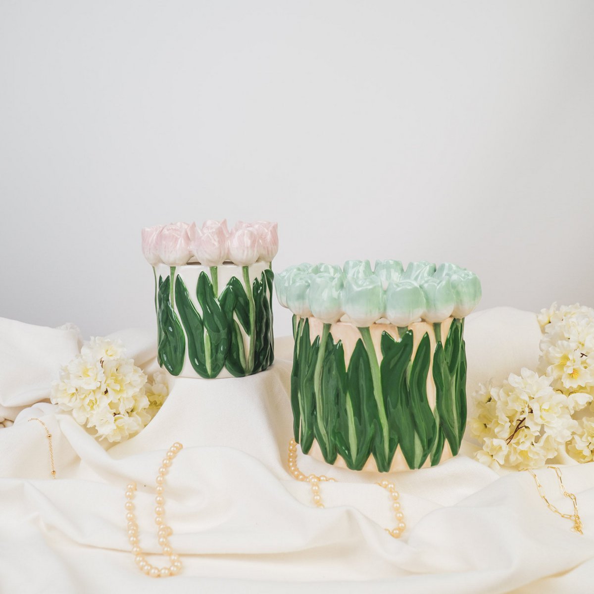 VASE-TULIPS- Dolomiet-lichtroze/ groen-15x15x14cm