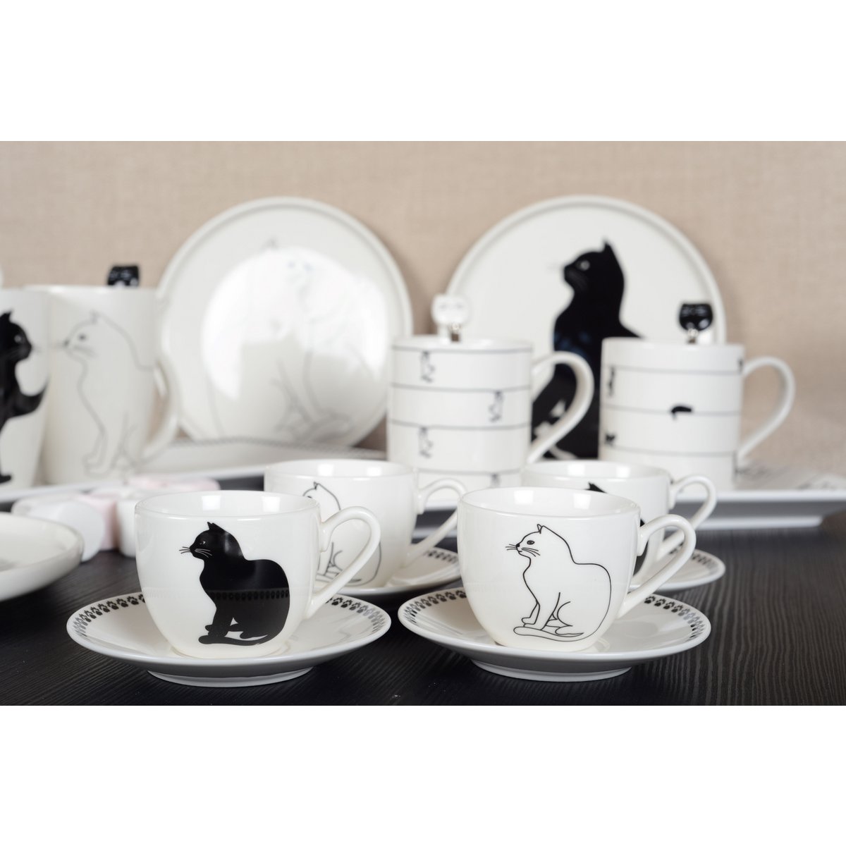 Koffiekopjes met zwart -witte katten- set van 4