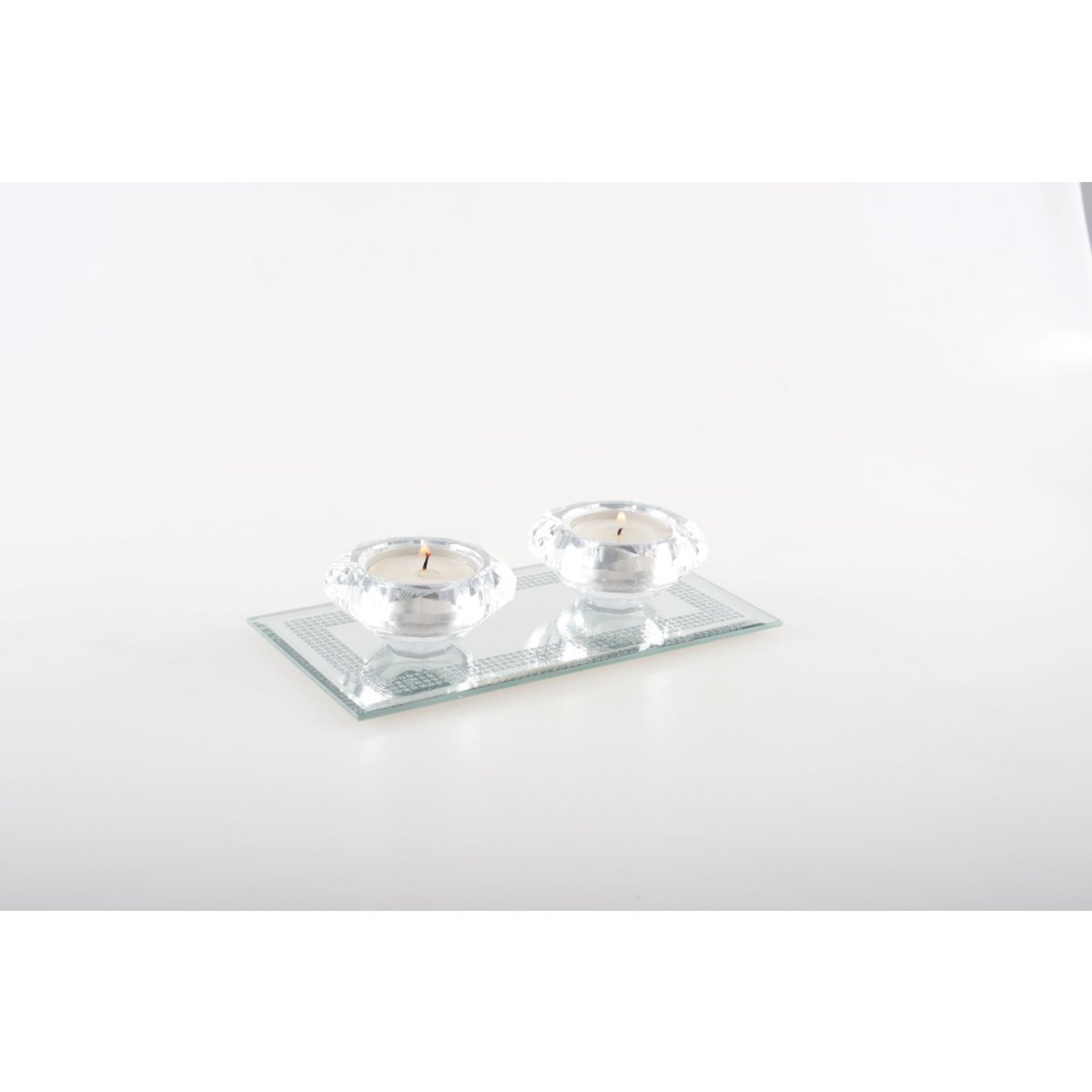 Crystal Candlesticks on a Silver and Mirror Rectangle 