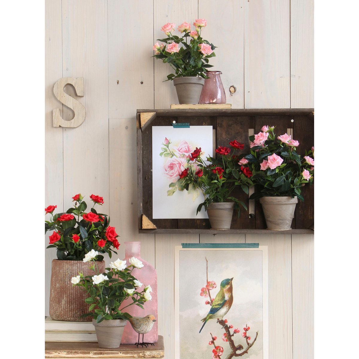 Artificial rose bush plant in flower pot Stan - H33 x Ø25 cm - White