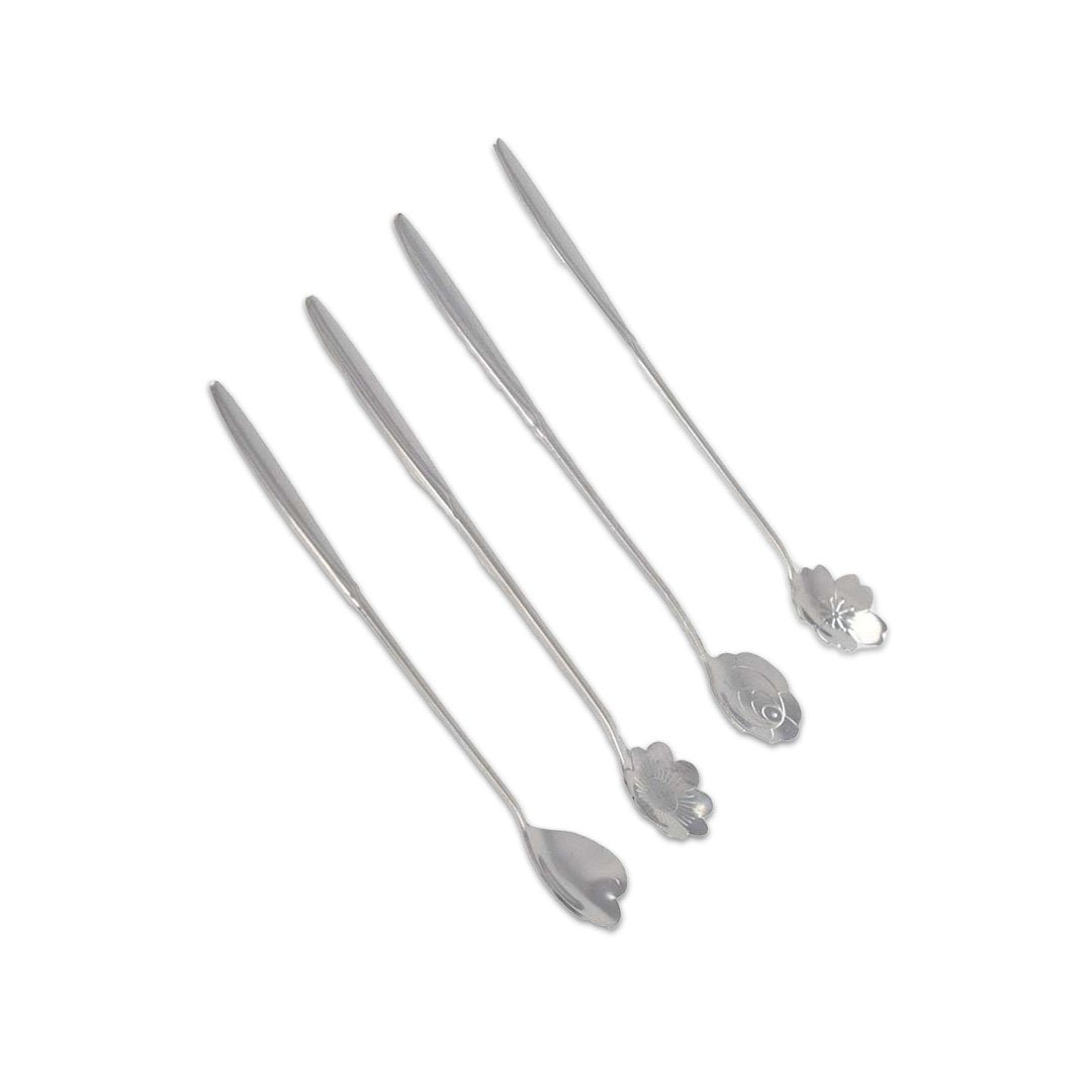 Lange bloem zilveren lepel - set van 4