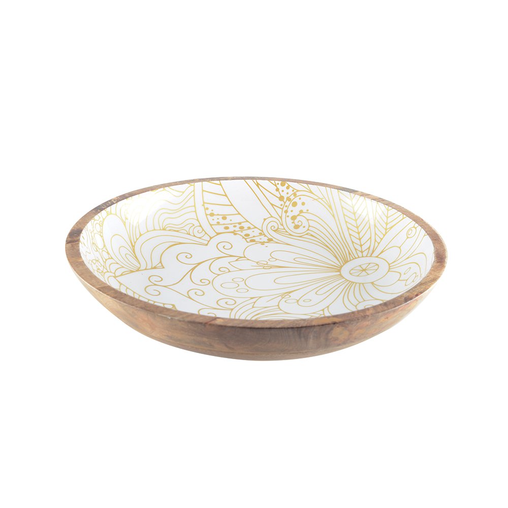 Large Abstract Bowl in White and Gold Wood 40x40x8cm