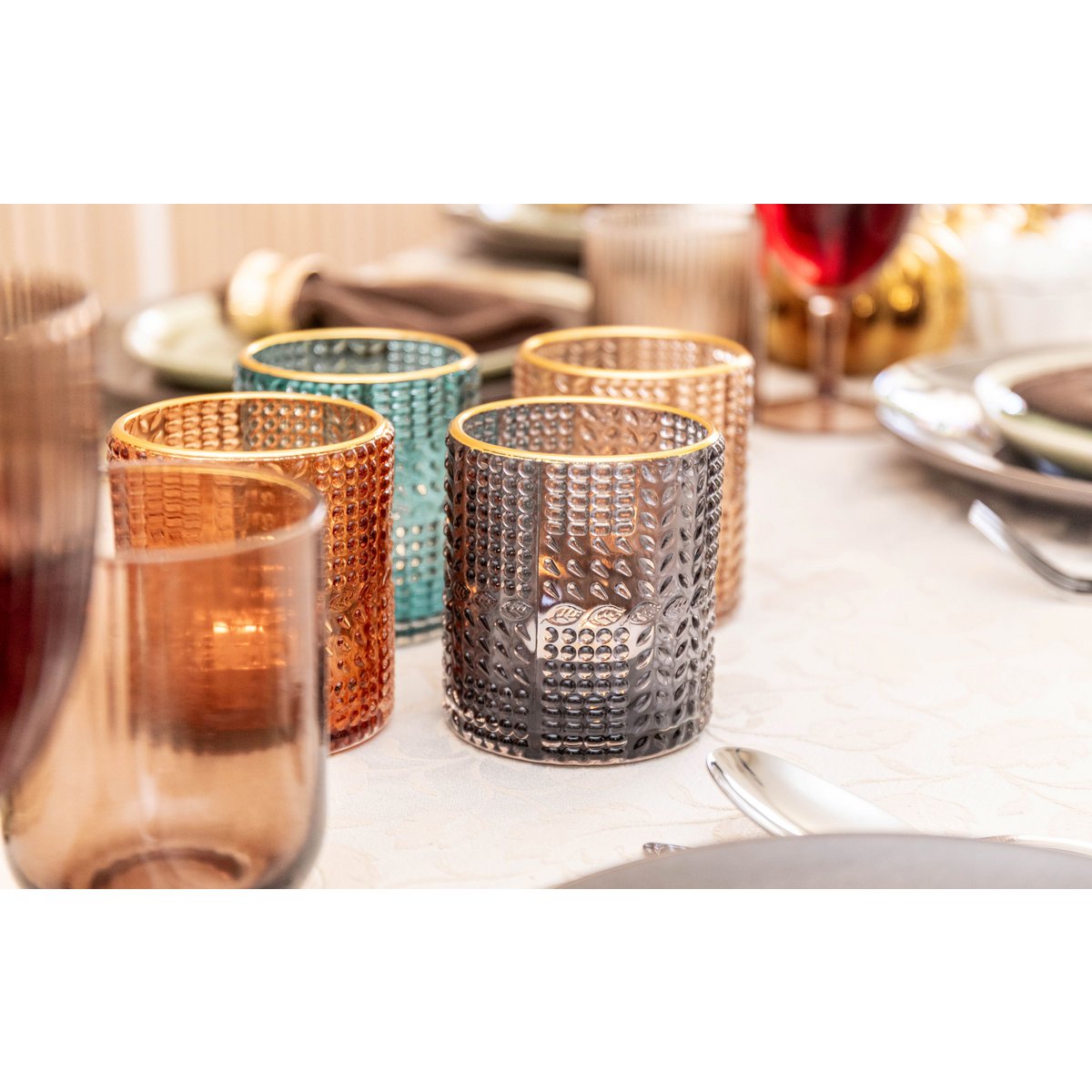 Set of 4 - Colored Glass Candlesticks with Gold Rims