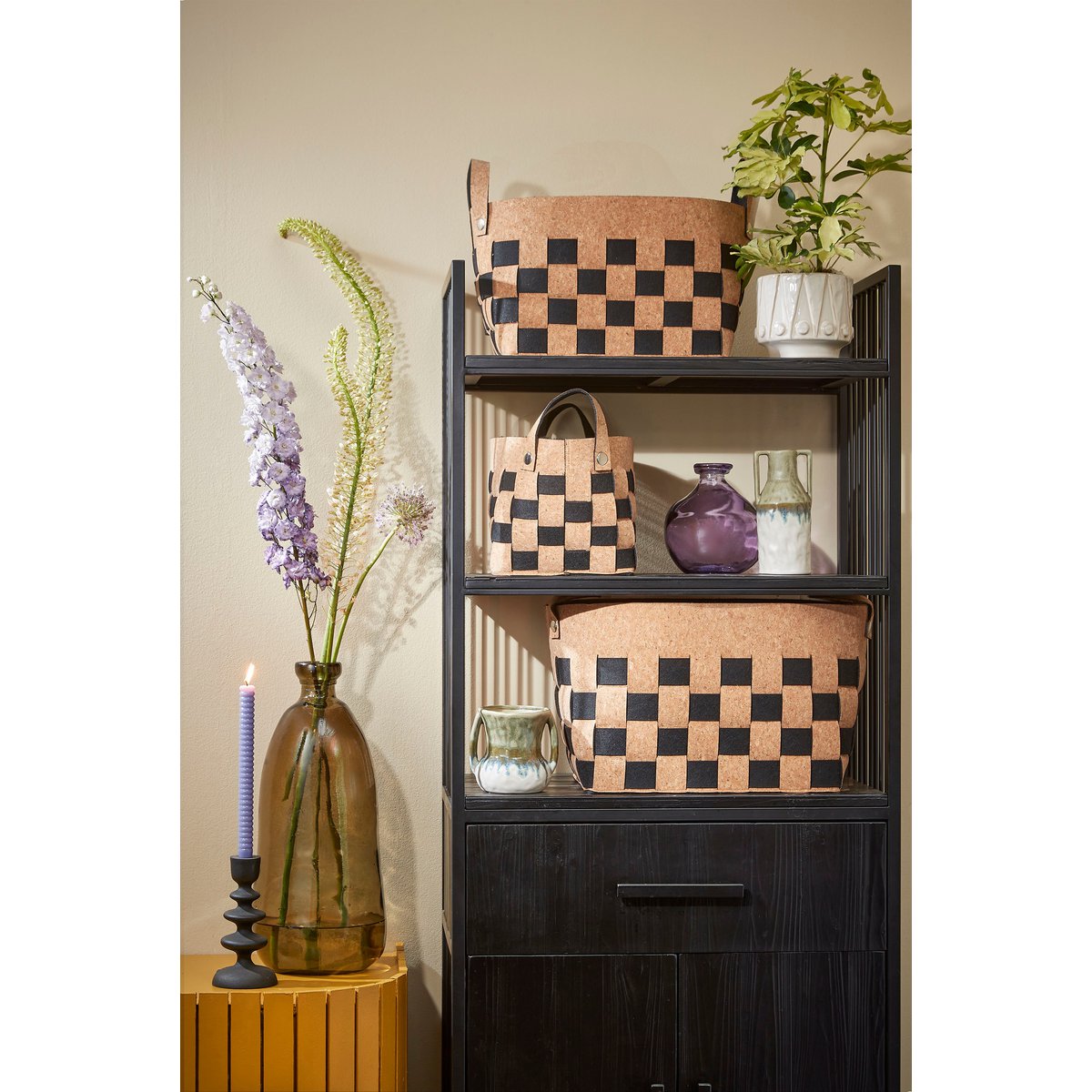 Storage basket - Set of 3 - L40 x W30 x H30 cm - Cork/Felt - Black
