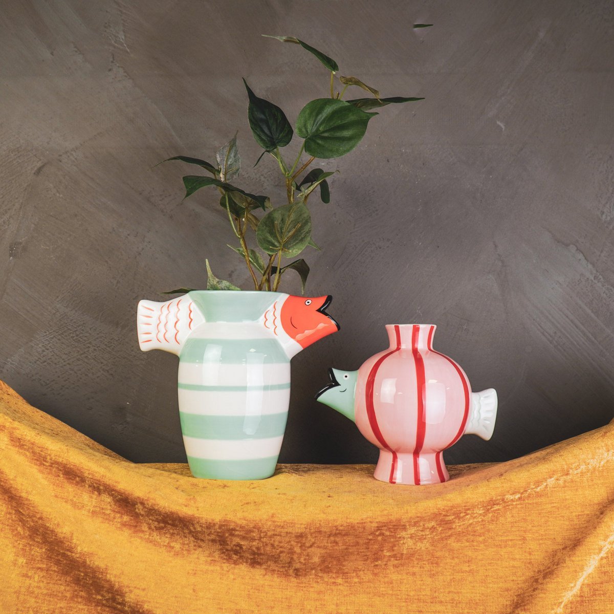 Vase - fish dolomite - mint/white/orange - 23x12.5x21cm