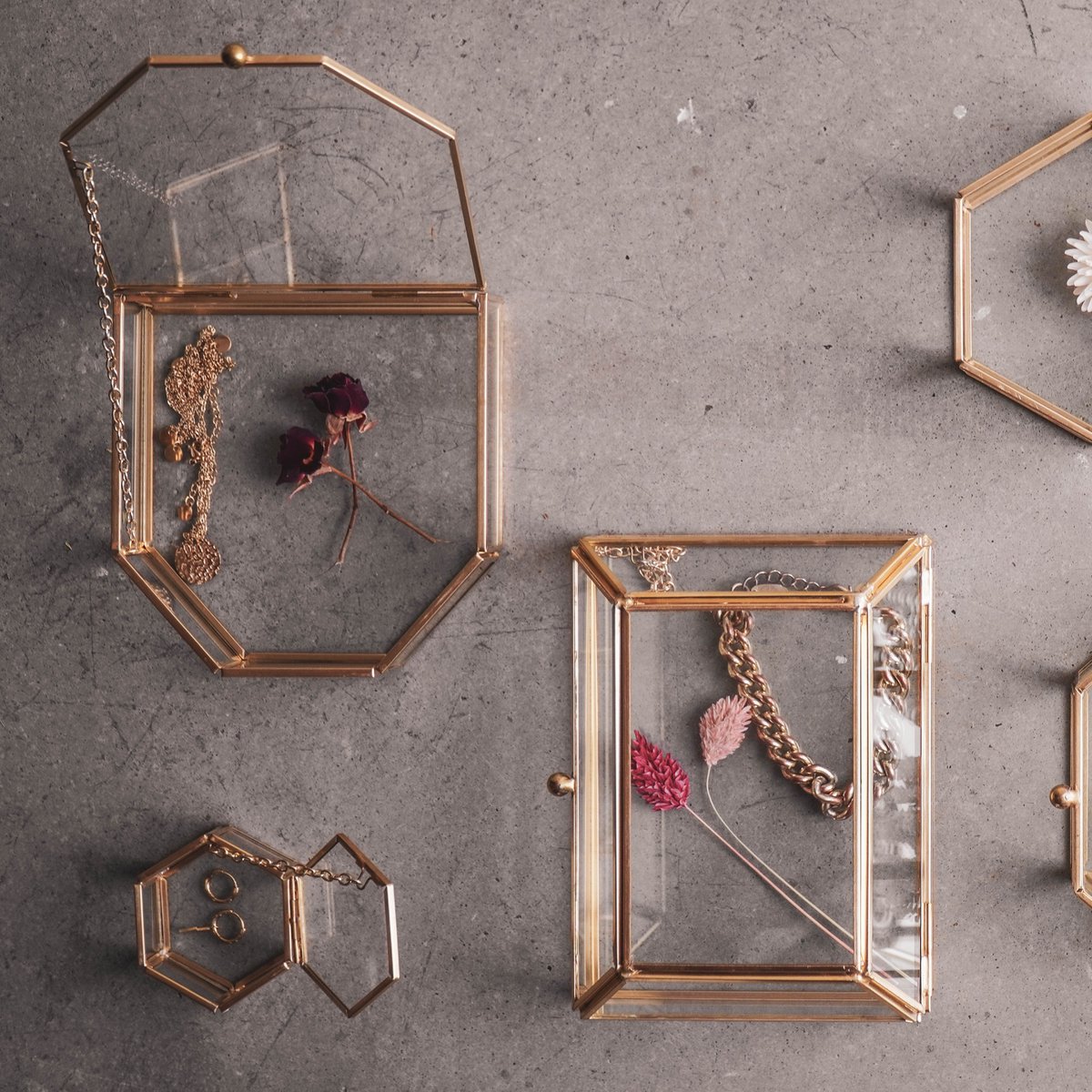 Opbergdoos - Hexagon - Metaal/Glas - Goud - 6x5,5x3,5cm