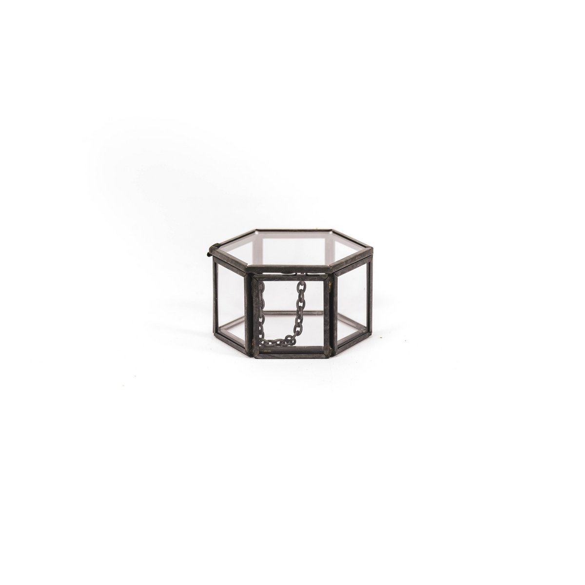 Opbergdoos - Zeshoek - Metaal/Glas - Zwart - 6x5,5x3,5cm