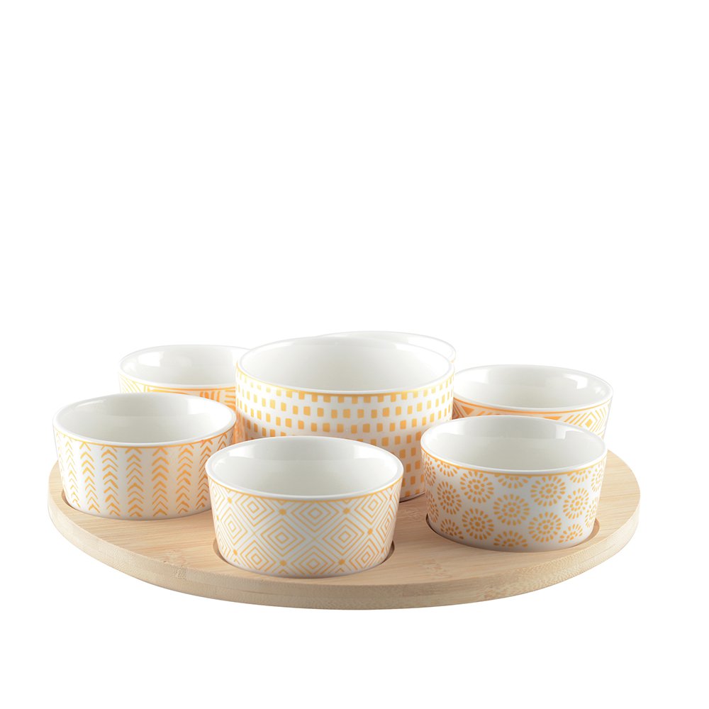 Aperitif Set of 7 Cups on a Round Wooden Tray