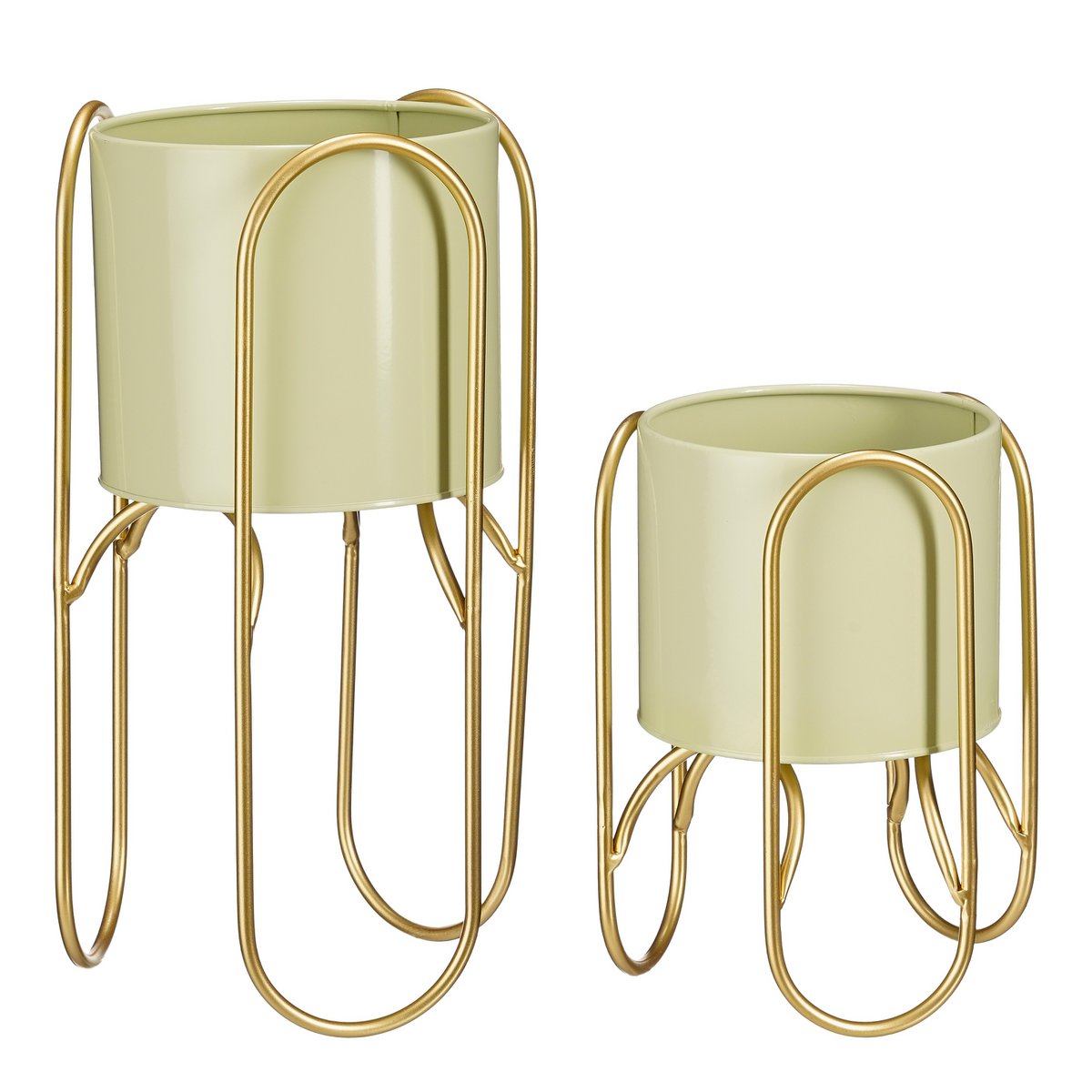 Danube flowerpot on Standard - Set of 2 - Metal - H45 x Ø23 cm - Light green, Gold