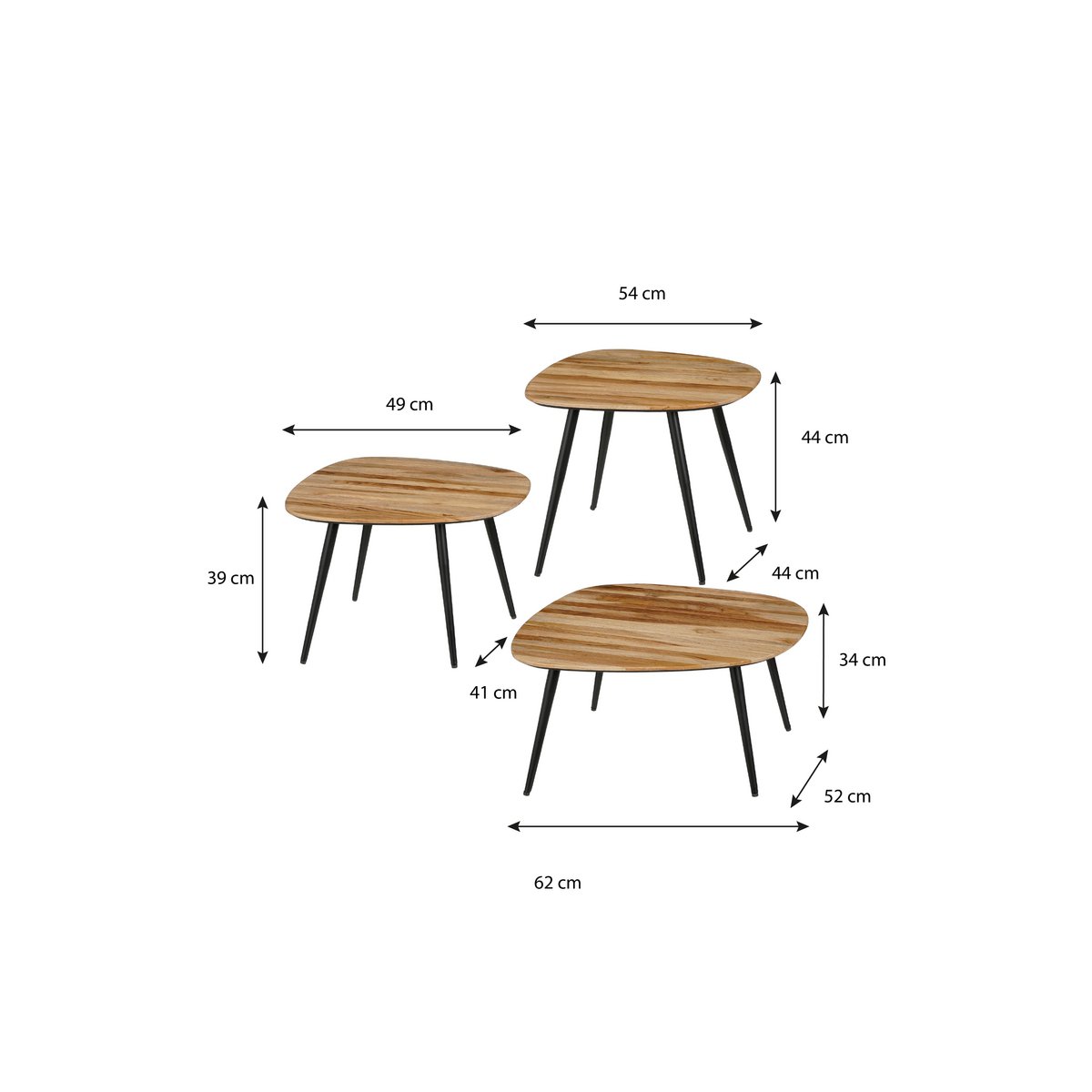 Jailey Side Table - Set of 3 - L62 x W52 x H34 cm - Recycled Wood - Brown
