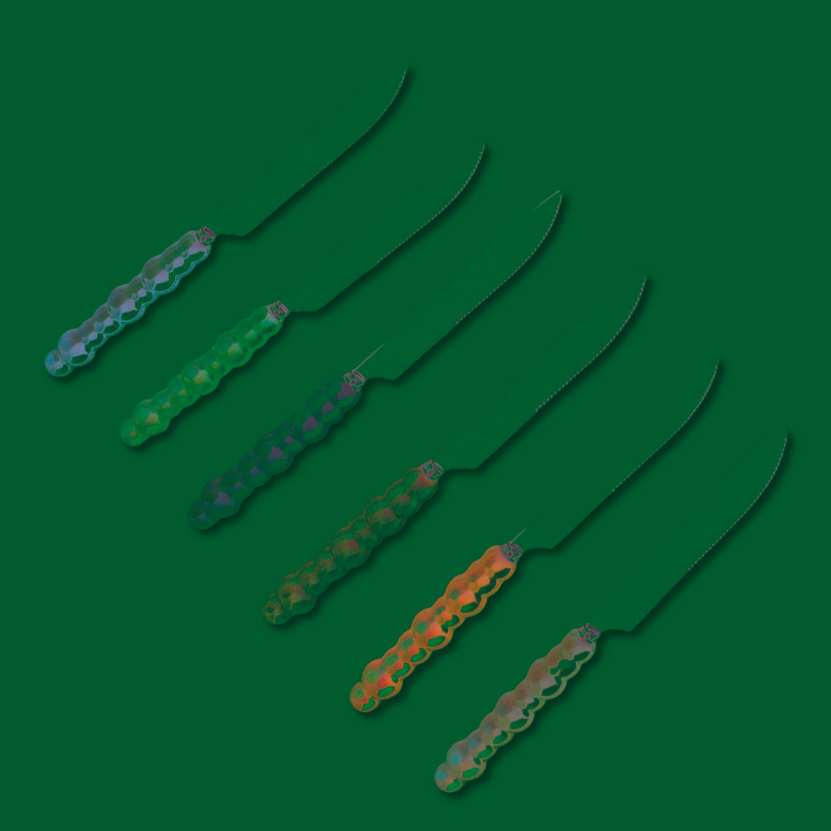 Set of 6 silver dessert knives with multi-colored handles